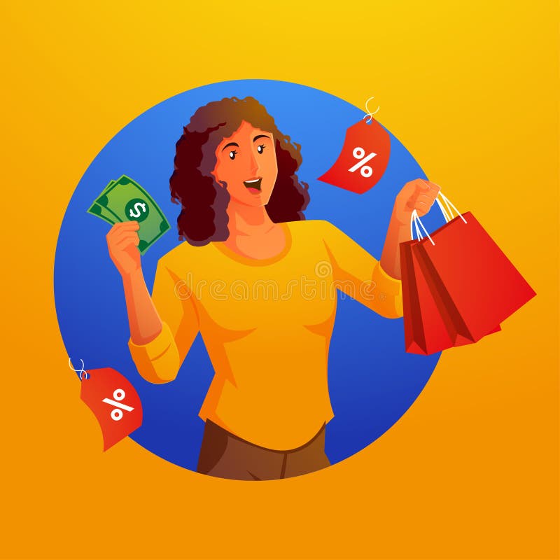 A Shopping Woman Holding a Shopping Bag and Money Stock Vector