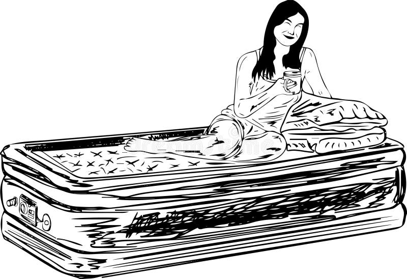 Outline Vector Illustration of a Woman Sitting on an Air Mattress Stock