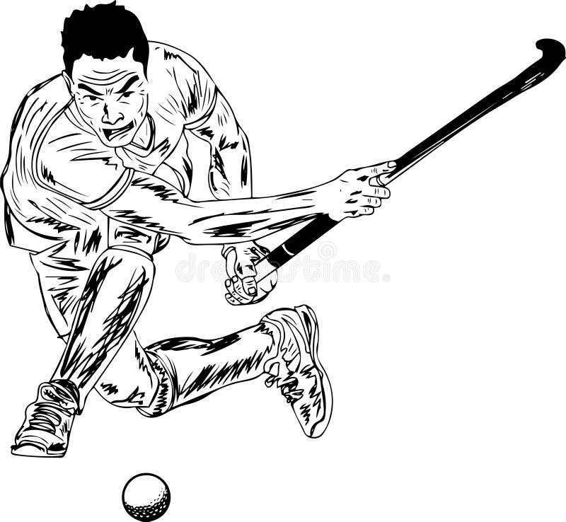 Cartoon Doodle Drawing of Field Hockey Player Playing Penalty Corner