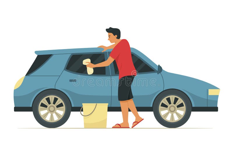 Man Washing and Cleaning Car Stock Vector Illustration of figure