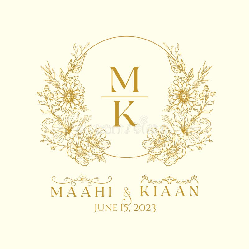 MK initial wedding crest. Luxury Wedding Crest Monogram. Beautiful hand drawn wildflowers Vector illustration. royalty free illustration