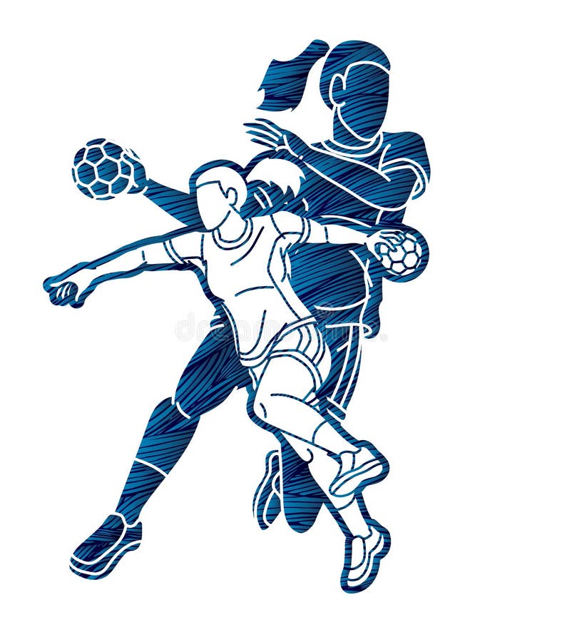 Group of Handball Female Players Mix Action Cartoon Sport Graphic