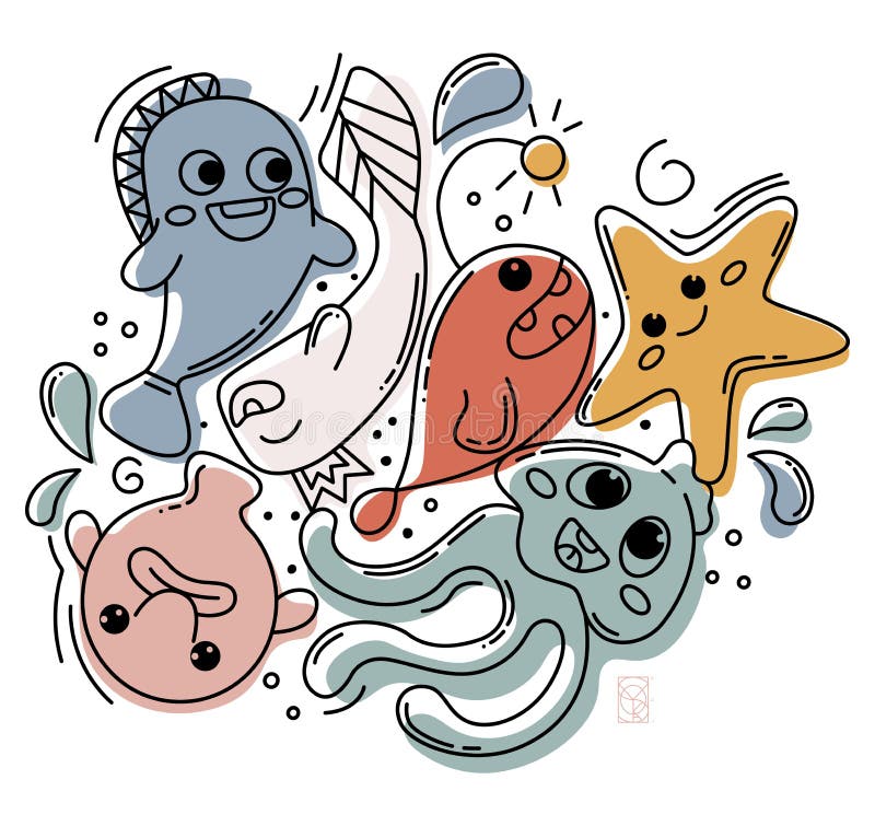 Blobfish Funny Deepsea Fish Vector Illustration In Doodle Style