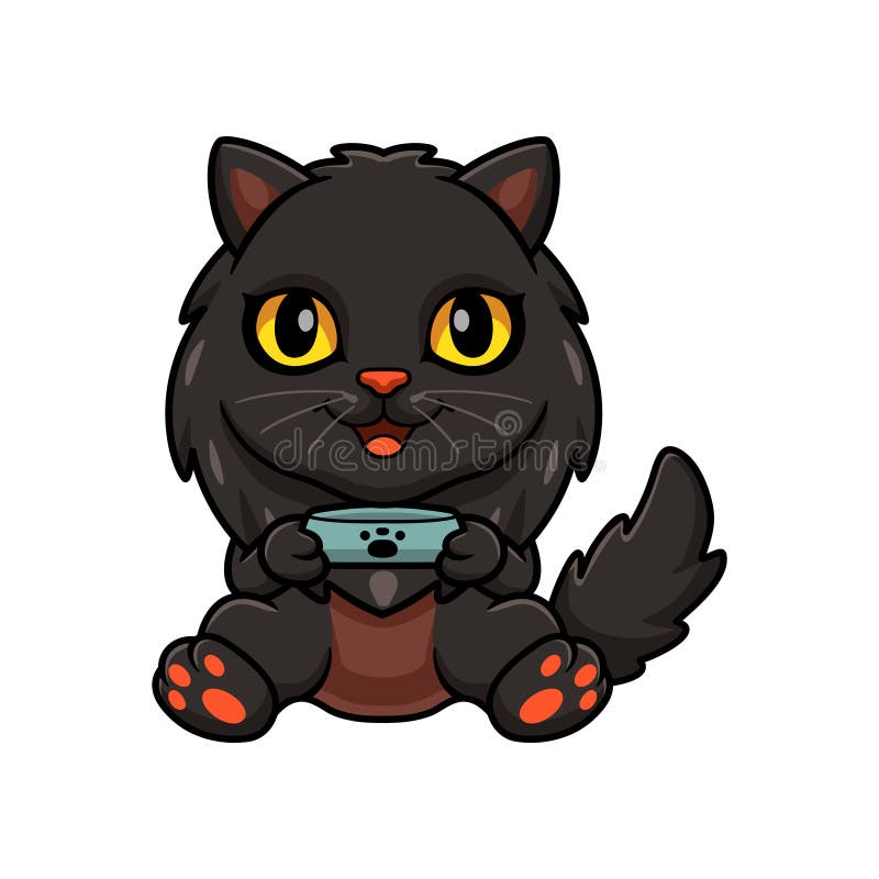Cute black persian cat cartoon holding food bowl stock illustration