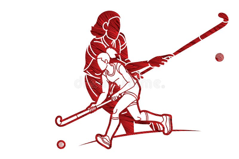 Field Hockey Sport Team Female Players Action Together Cartoon Graphic