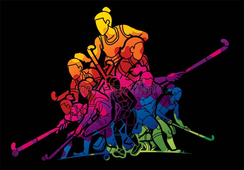 Field Hockey Sport Team Female Players Action Together Cartoon Graphic