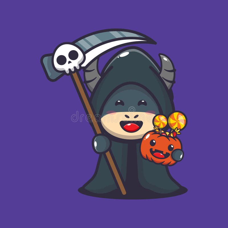 Cute grim reaper buffalo holding scythe and halloween pumpkin. royalty free illustration