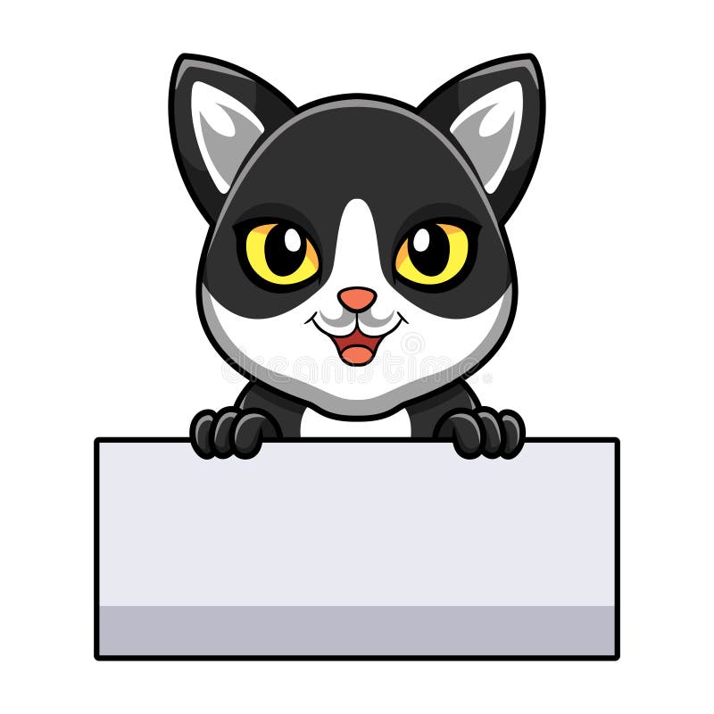 Cute black smoke cat cartoon holding blank sign stock illustration