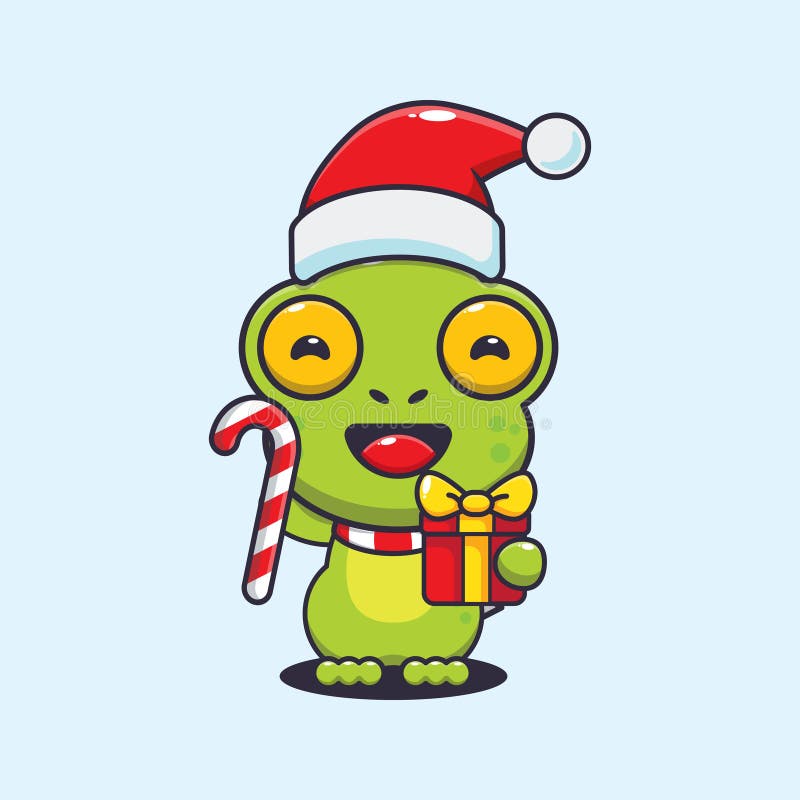 Cute Frog Holding Christmas Candy and Gift. Cute Christmas Cartoon