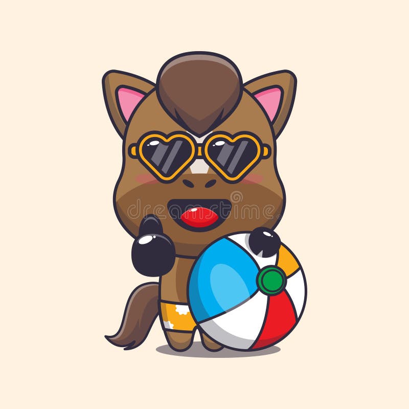 Cute Horse in Sunglasses with Beach Ball Cartoon Illustration. Stock