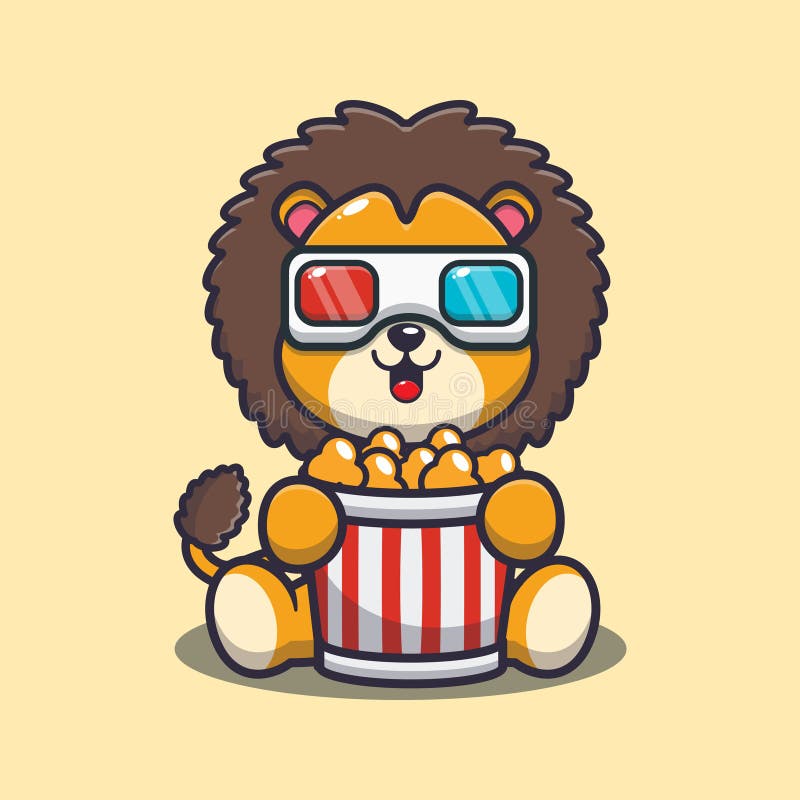 Cute lion eating popcorn and watch 3d movie. vector illustration