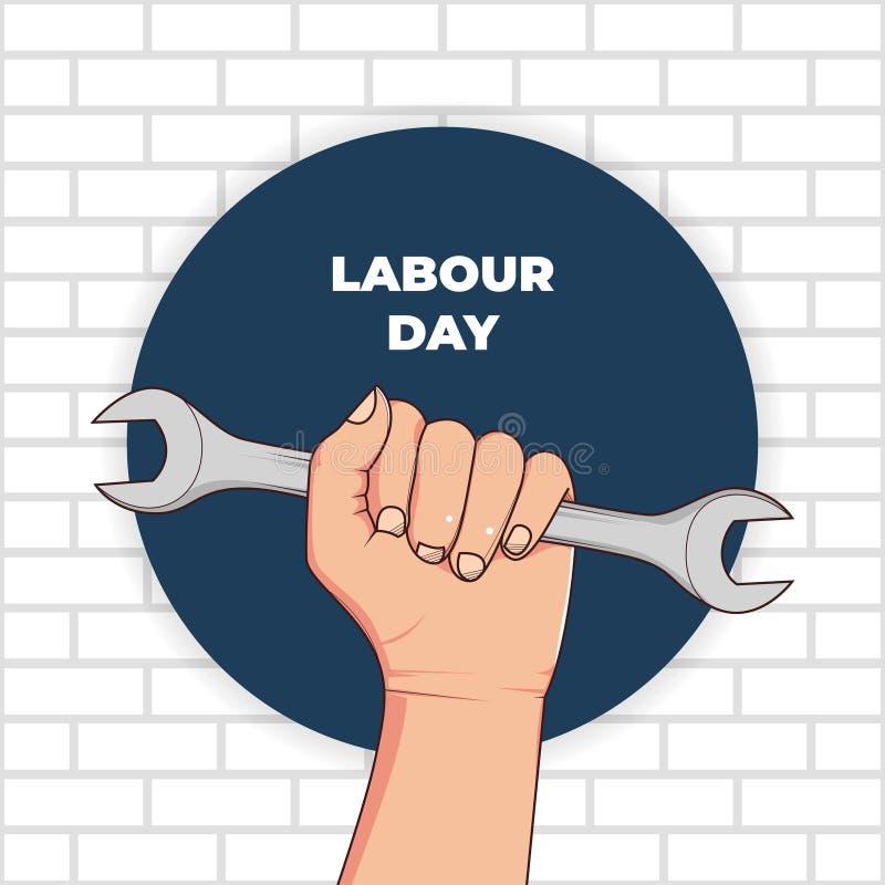 illustration of labour day celebration with hand grasping the wrench, brick wall background