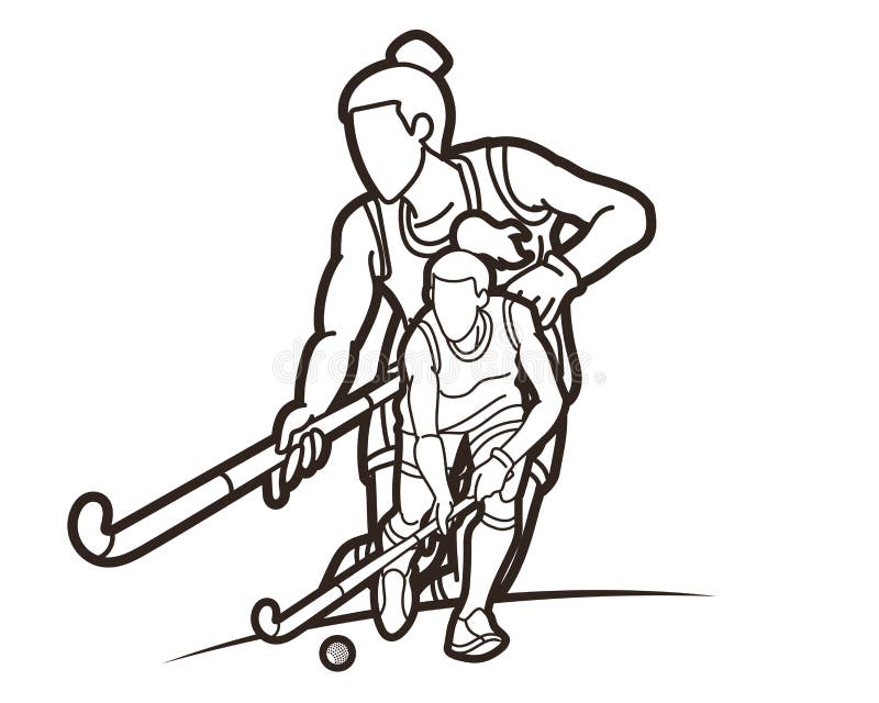 Team Field Hockey Sport Female Players Action Together Cartoon Graphic