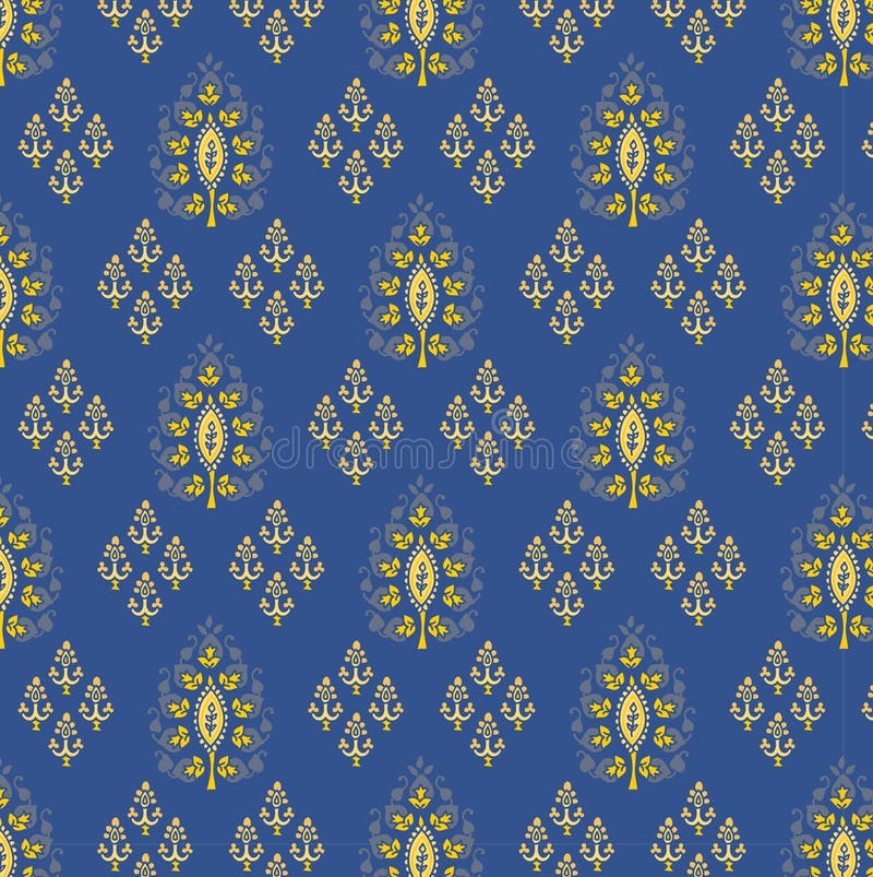Blue and Yellow Damask Vector Seamless Pattern. Vintage, Paisley