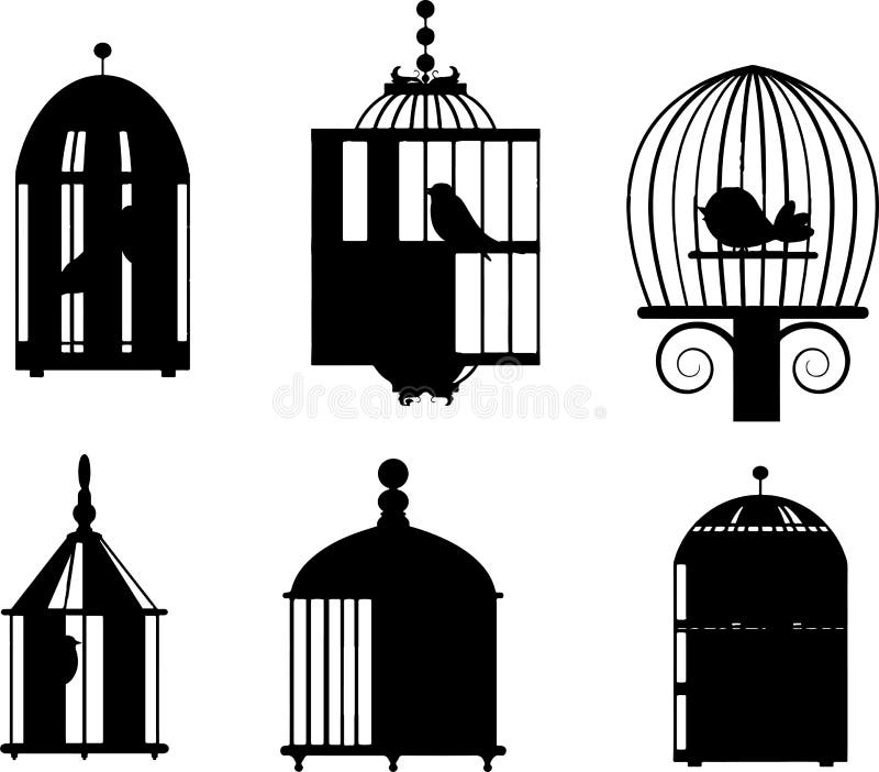 Birds in Cages Set Silhouette, Birds in Cages Set Silhouette Set, Stock
