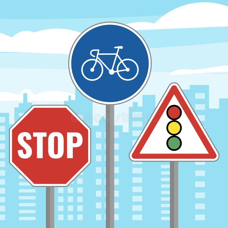 Road Stop Signs, Bike Path and Traffic Light Stock Vector