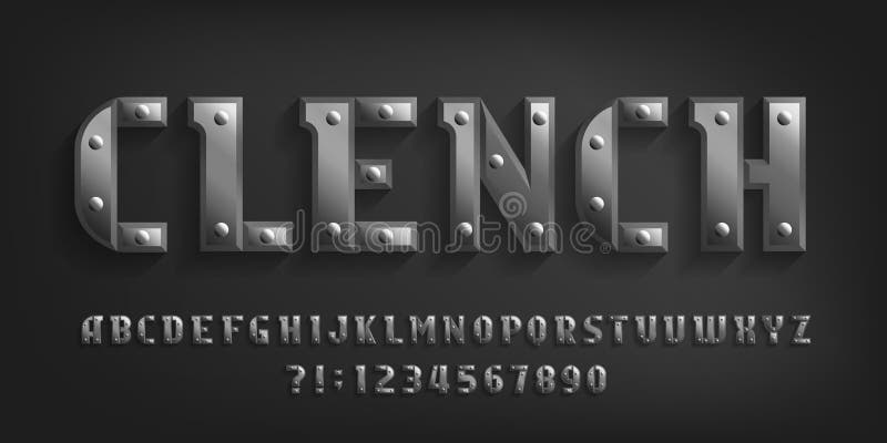 Clench alphabet font. Riveted metal letters and numbers.