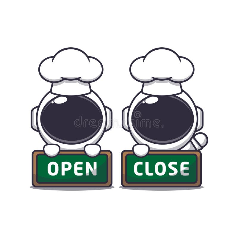 Cute chef astronaut mascot cartoon character with open and close board. royalty free illustration