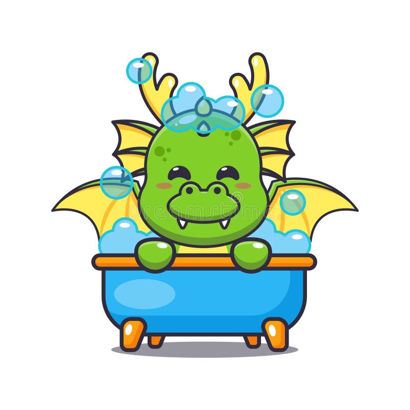 Cute Dragon Taking Bubble Bath in Bathtub Cartoon Vector Illustration. Stock Vector