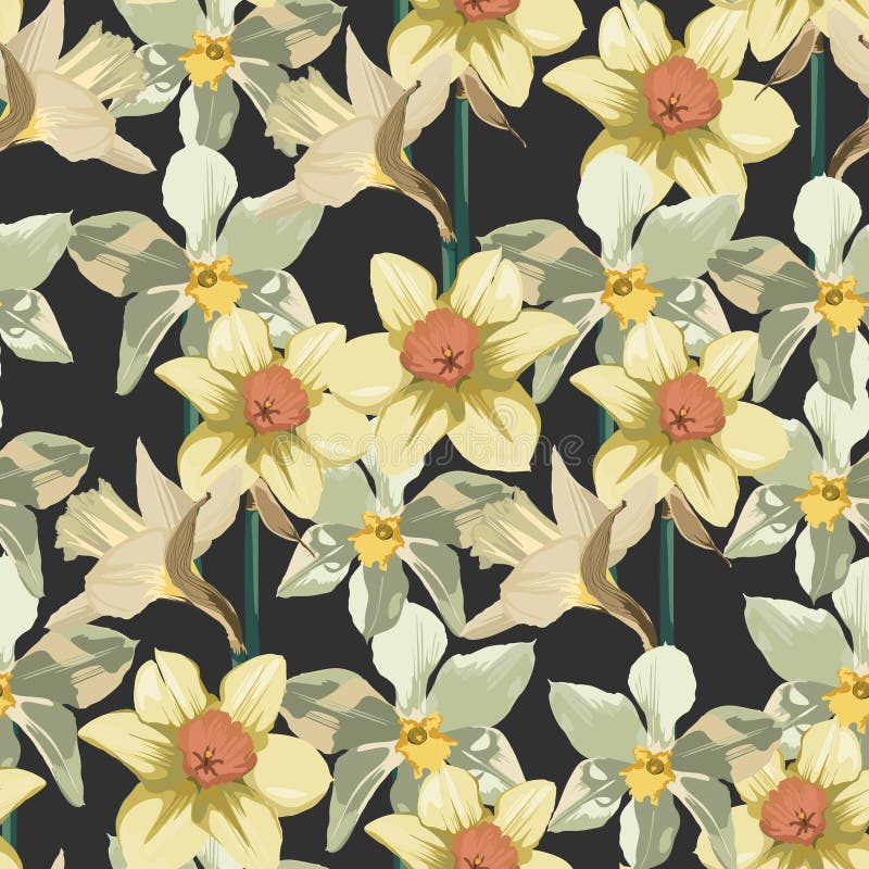 Elegance Seamless Pattern with Flowers Narcissus on Black Background