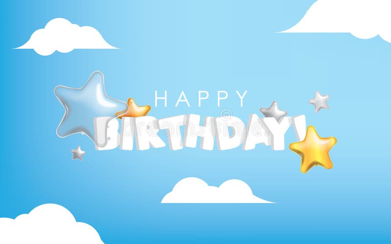 Blue Sky Happy Birthday with Star Shape Balloons and Clouds Vector