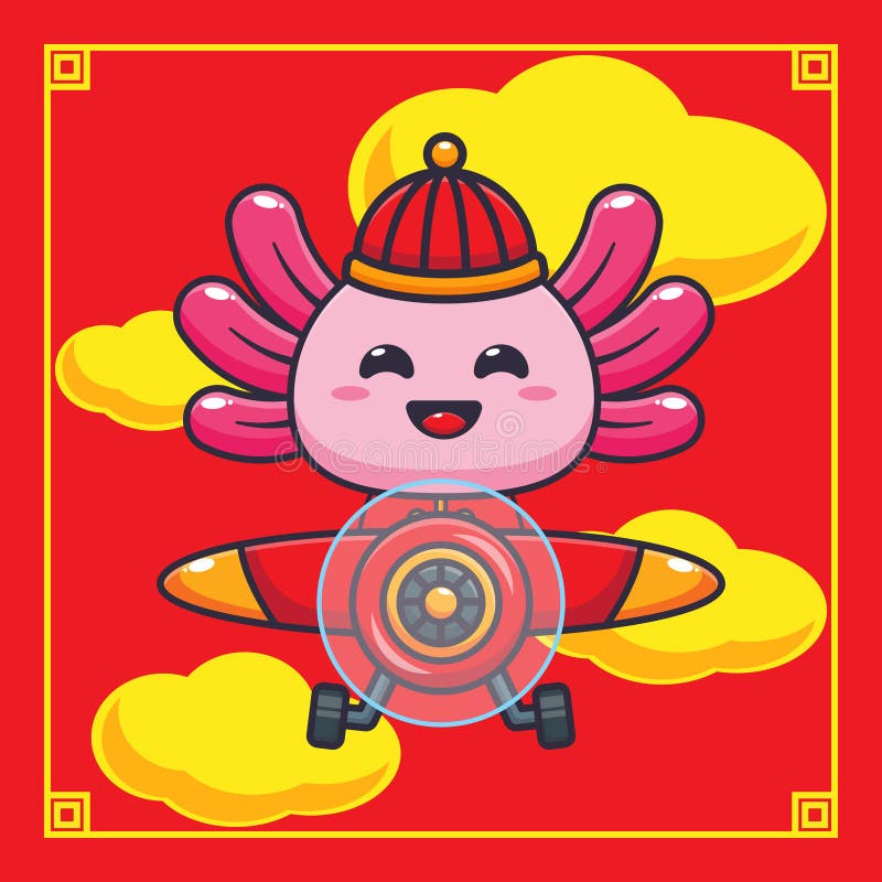 Cute Axolotl Fly with Plane in Chinese New Year. Stock Vector