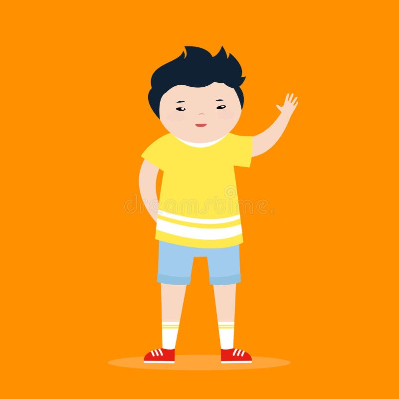Little Boy Wearing Yellow Tshirt and Blue Shorts. Stock Vector