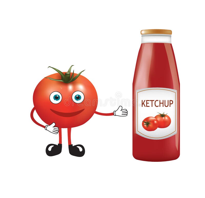 Glass Ketchup Bottle with Tomato Character Stock Vector Illustration