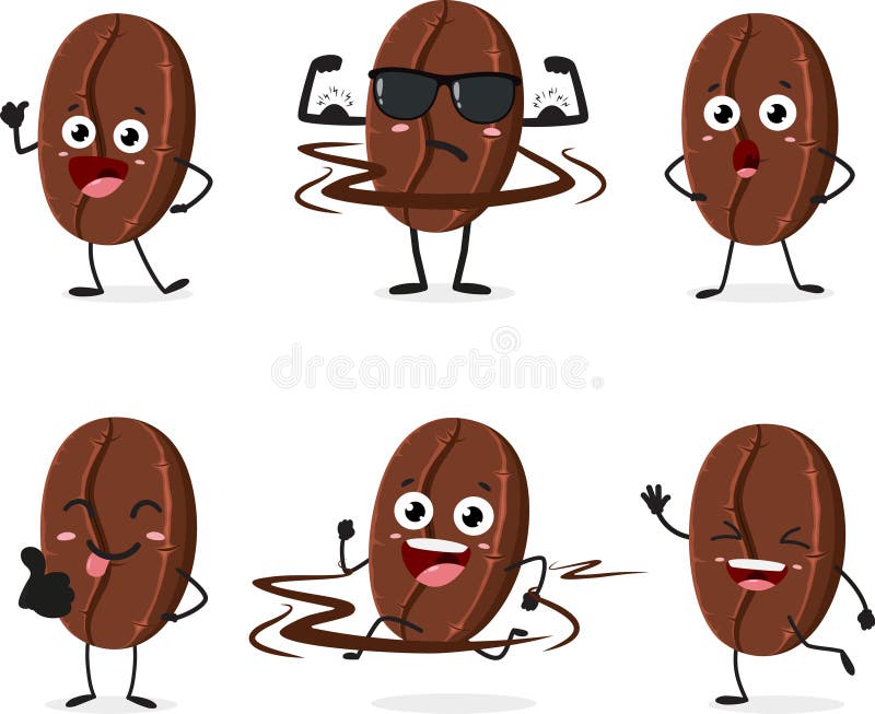 Set of Cute and Funny Coffee Bean Cartoon Characters Stock Illustration