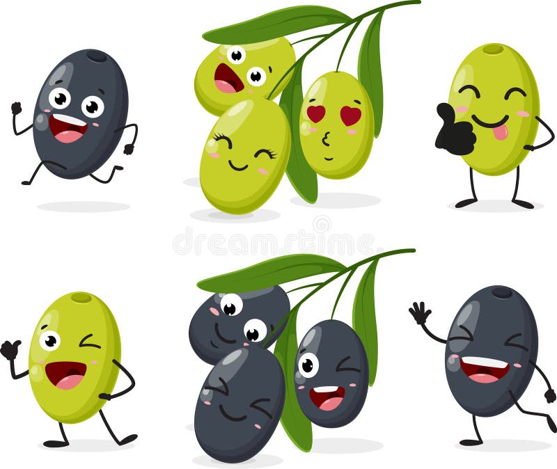 Set of Olives Cartoon Cute Character Stock Illustration Illustration