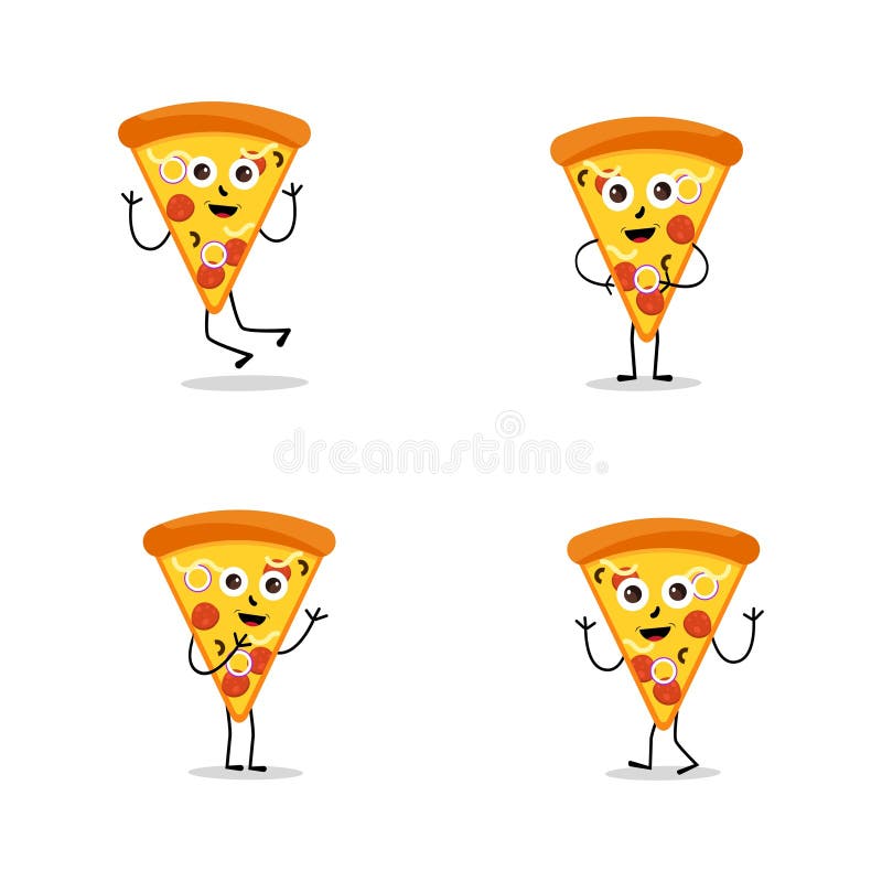 Pizza Slice Character Cartoon, Cartoon Pizza Fast Food Character with Kawaii Face. Stock Vector