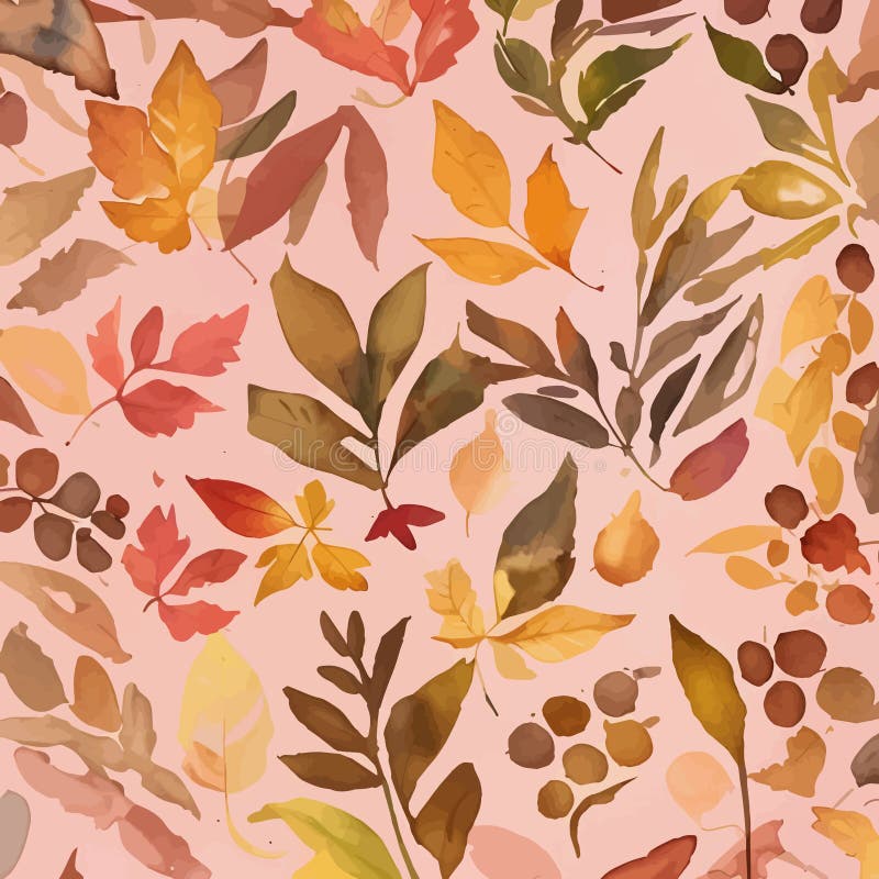 Vector Watercolor Illustration of Red Orange Yellow and Green Leaves on Pink Background Pattern