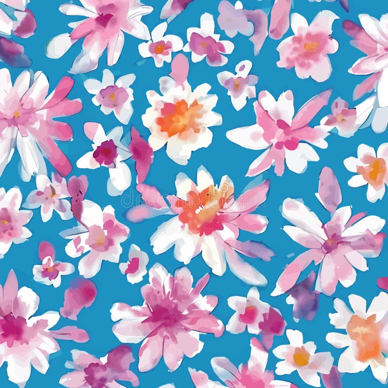 Vector Watercolor Illustration of Pink Flowers on Blue Background