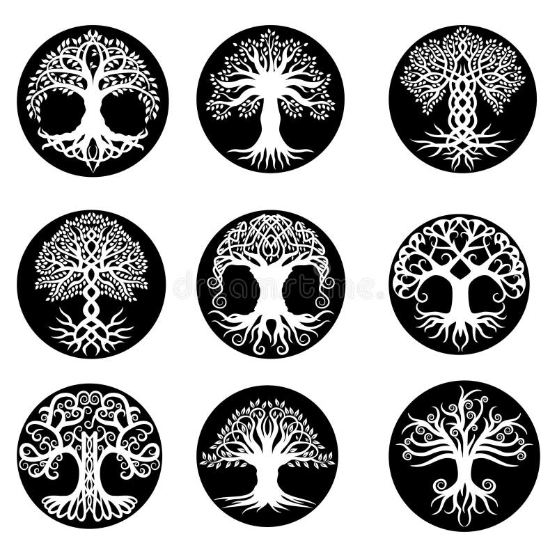 Set of Differents Celtic Tree Silhouette Vector Illustration Stock ...