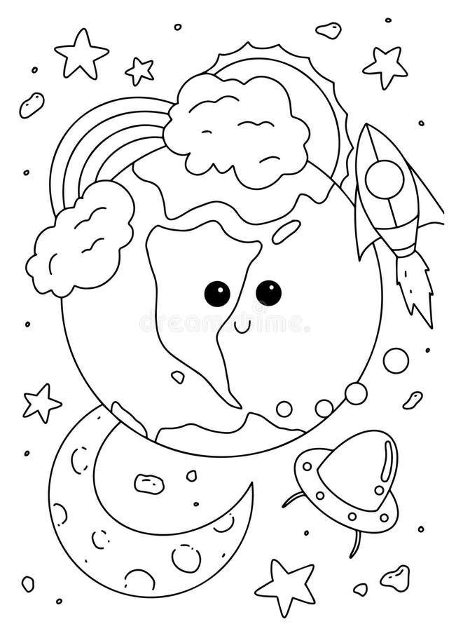 Children Coloring Book Page Smile Earth Space Design Illustration Stock