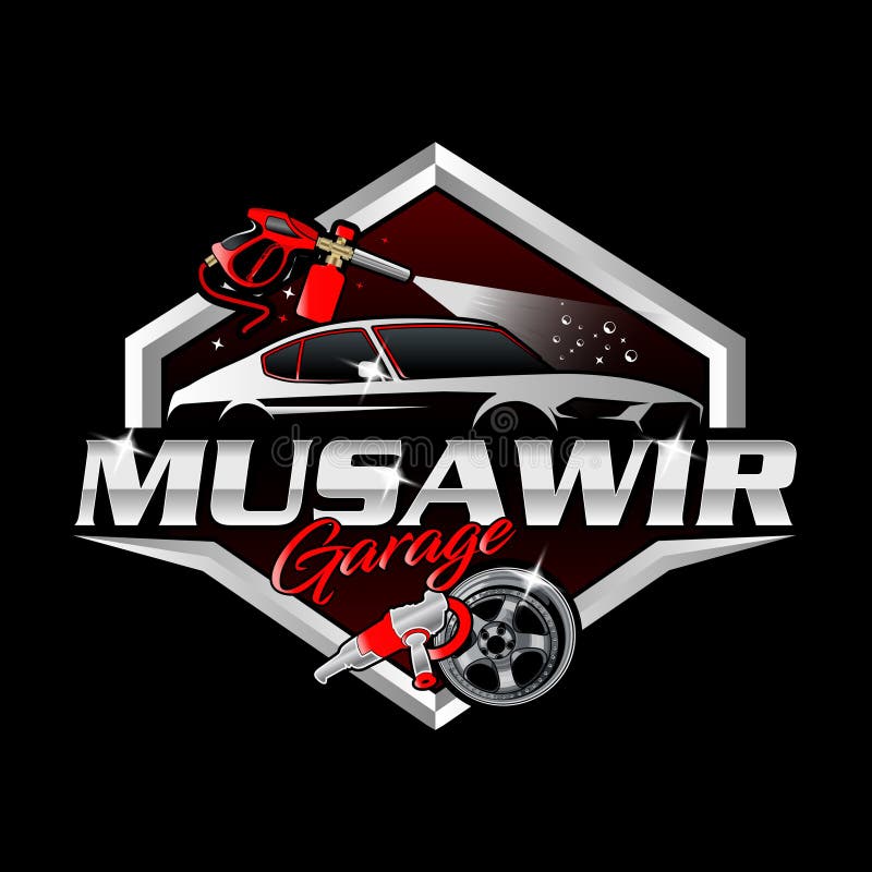 Garage auto detailing logo design template. Garage auto detailing logo with pressure washer gun, buffer and rim