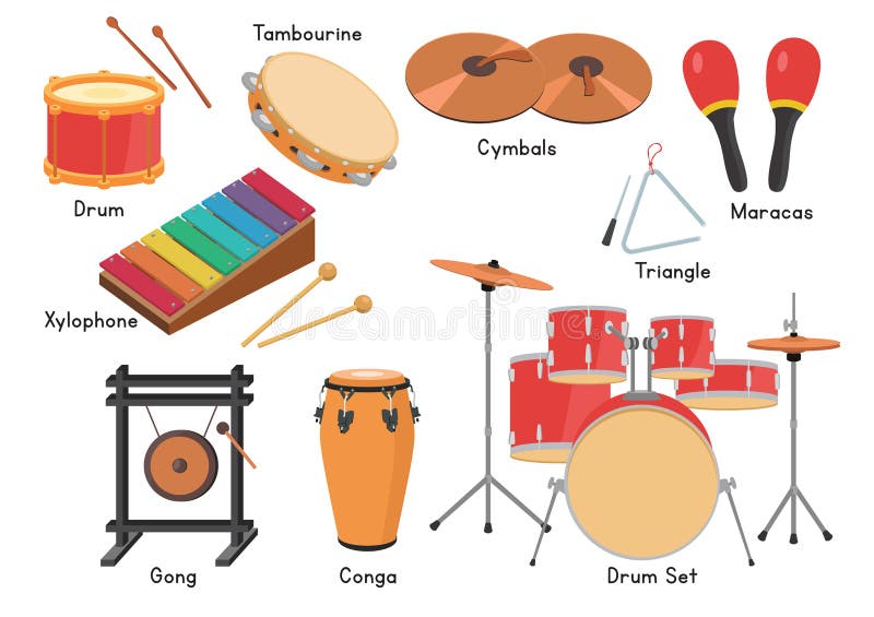 Percussion instruments vector set. Simple cute tambourine, drums, cymbals,  conga, bongo, maracas, triangle, gong, kalimba percussion family musical  instrument clipart cartoon style, hand drawn doodle Stock Vector