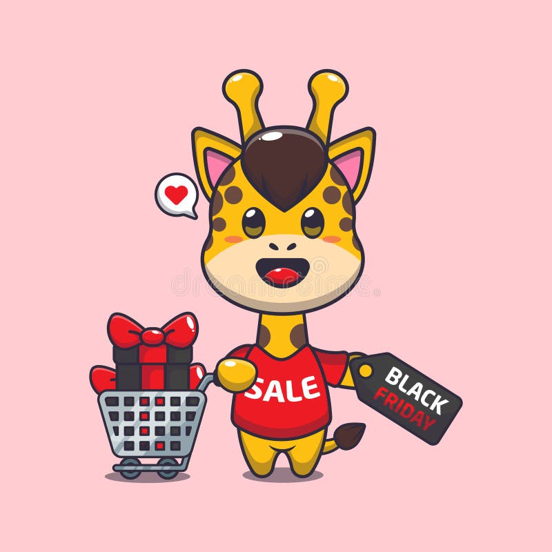 Cute Giraffe with Shopping Cart and Discount Coupon Black Friday Sale