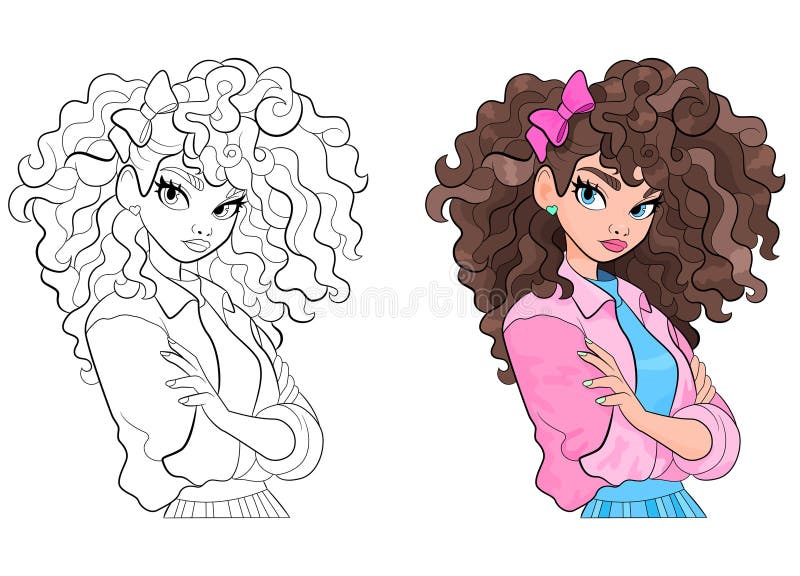 Kid Coloring Book Character Curly Hair Stock Vector (Royalty Free