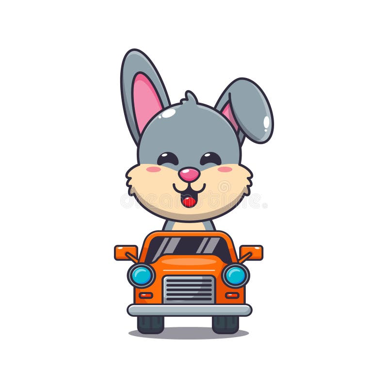 Cute Rabbit Ride on Car Cartoon Vector Illustration. Stock Vector