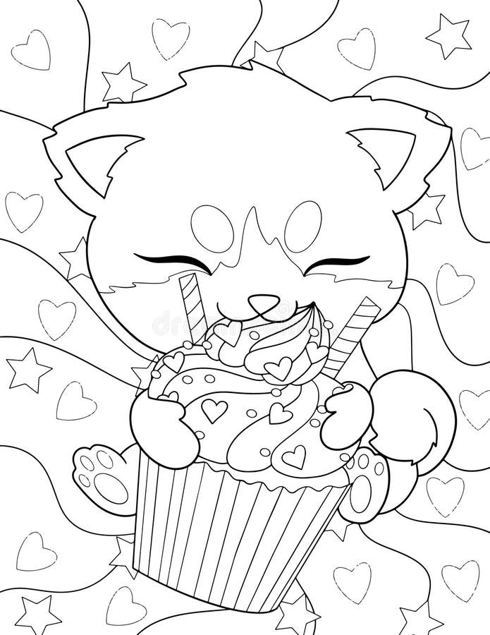 Cute Kitten Coloring Page, Kawaii Cat Coloring Page Editorial Stock ...