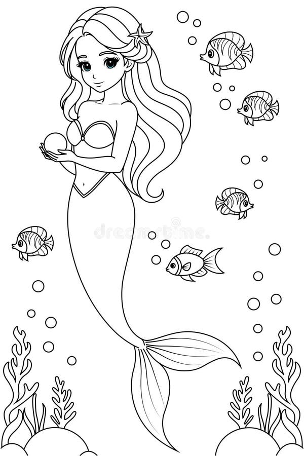 Handdrawn Illustration of Kawaii Mermaid Princess Coloring Page for