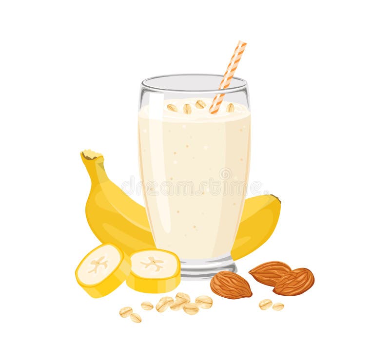 Banana smoothie with oat and almonds. Milkshake vector illustration. stock illustration