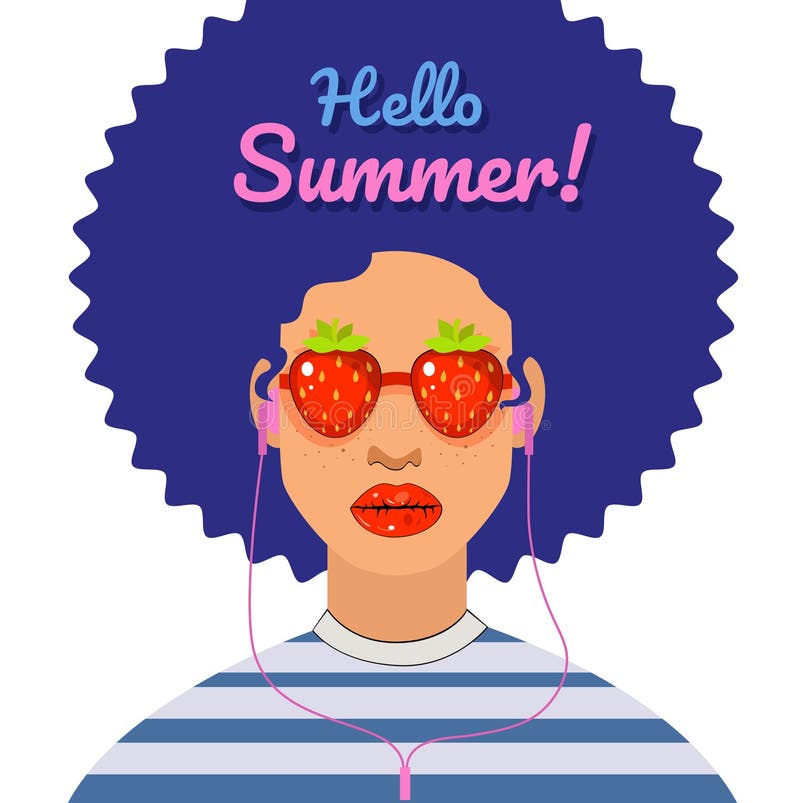 Vector Poster Hello Summer With Girl In Headphones And Strawberry vector-poster-hello-summer-with-girl-in-headphones-and-strawberry