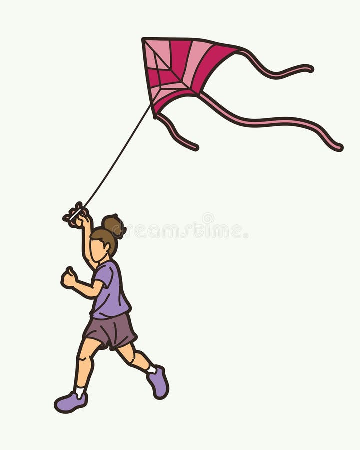 A Girl Running Fly A Kite Child Playing Cartoon Sport Graphic Vector a-girl-running-fly-a-kite-child-playing-cartoon-sport-graphic-vector