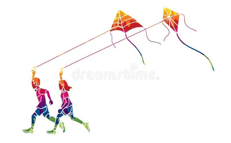 Boy And Girl Running Fly A Kite Children Playing Together Cartoon boy-and-girl-running-fly-a-kite-children-playing-together-cartoon