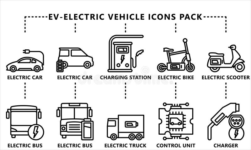 EV-Electric Vehicle Black Outline Icons Pack vector illustration