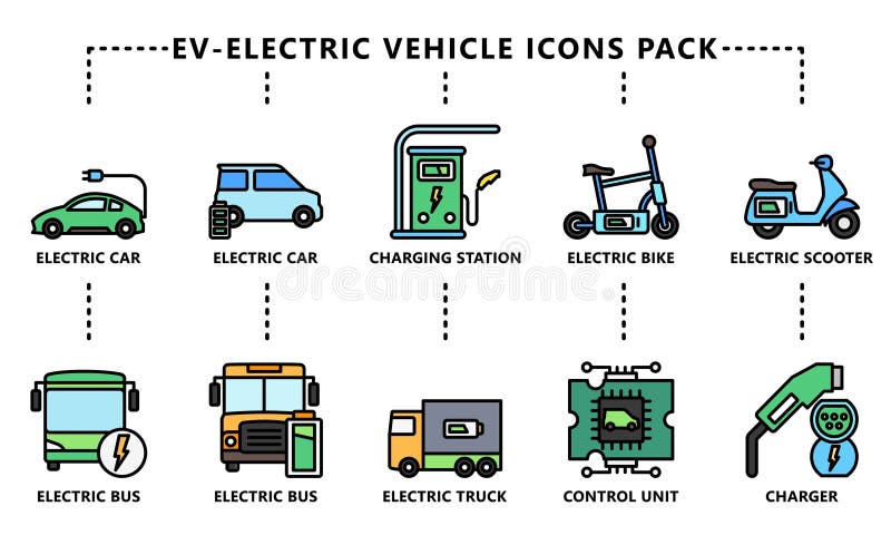 EV-Electronic Vehicles Lineal Multi Color Icons Pack stock illustration