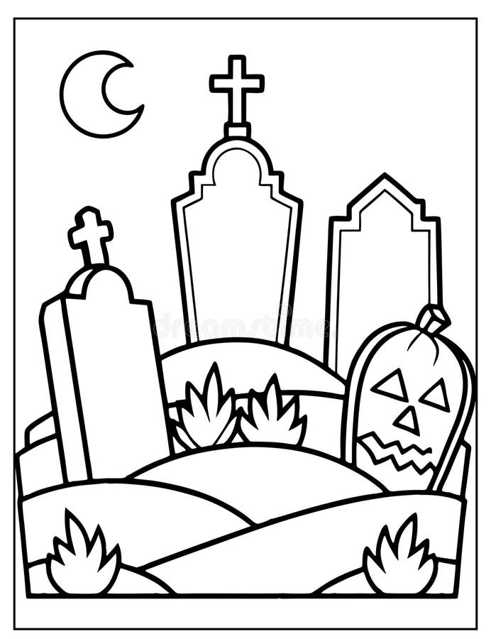 Halloween Graveyard Coloring Page Design, Halloween Vector Design ...
