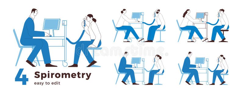 Spirometry set. Medical Specialists and Patients Performing Whole Body Plethysmography and Spirometry. vector illustration